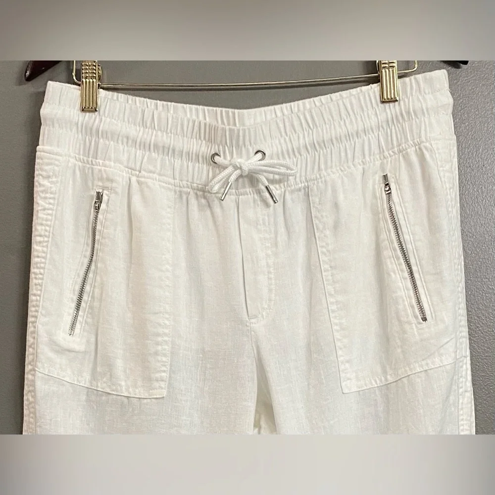 Athleta White Linen 100% Drawstring Cabo Joggers with Zip Pockets Size 10